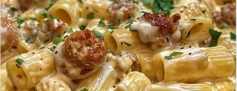 Garlic Sausage Alfredo Rigatoni