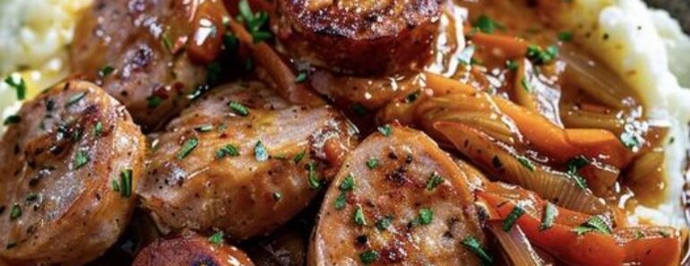 Rustic Italian Sausage with Peppers and Onions over Garlic Mashed Potatoes