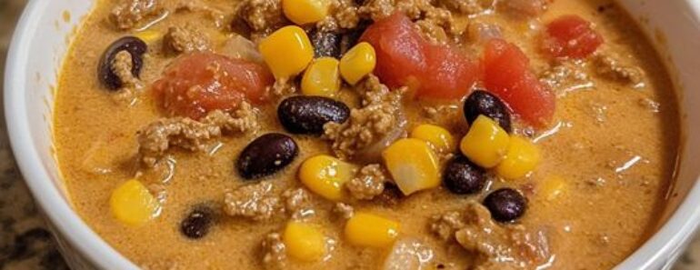 BBQ Cheeseburger Soup with Smoked Cheddar